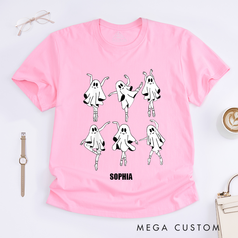 Personalized Cute Ghost Ballet Dancer T-Shirts for Women Custom Name Halloween Dance Lover Gift Unique Spooky Ballet Printed Tee Present