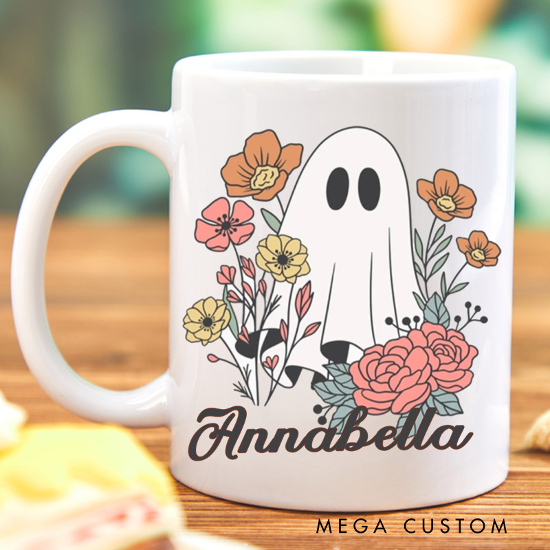Personalized Cute Ghost Mugs Custom Flower Ghost Coffee Mug with Name Fall Birthday Gift Book Lover Gift for Bookish Gift