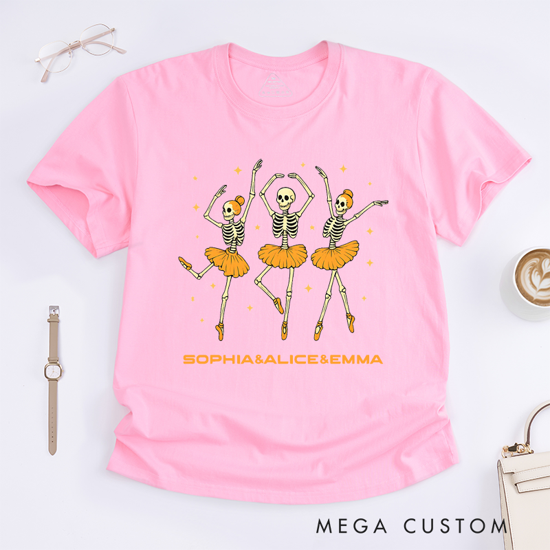 Personalized Skeleton Ballet Dancer T-Shirts Spooky Halloween Funny Dancing Skeletons Custom Name Gift for Ballet Lover Women Girls