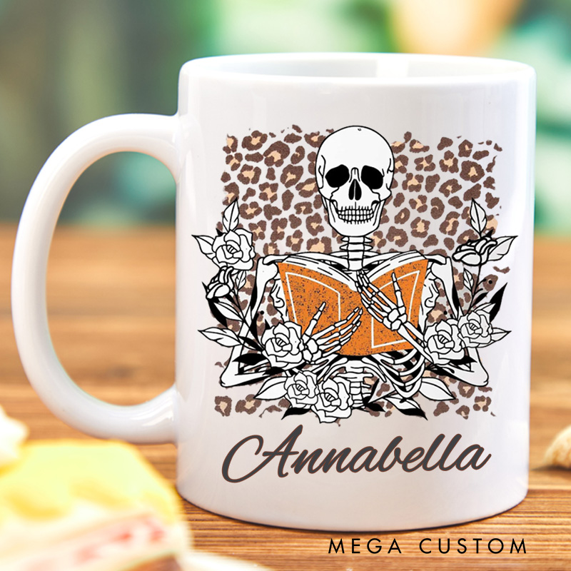 Personalized Skeleton Reading Mugs Custom Flower Skeleton Coffee Mug with Name Leopard Print Mug Book Lover Gift for Bookish Gift