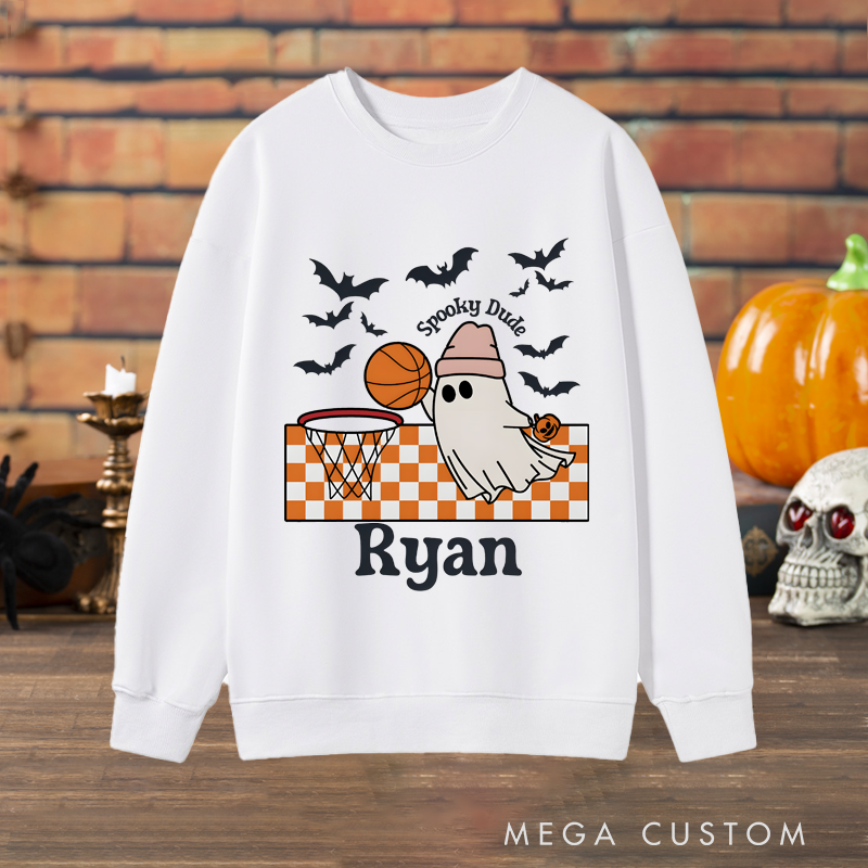 Personalized Halloween Sweatshirt with Ghost Basketball Design, Custom Name, and Spooky Details