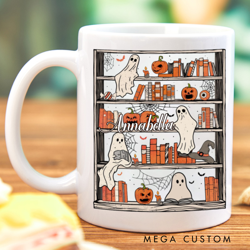 Personalized Reading Ghost Halloween Mugs Custom Bookish Ghost Coffee Mug with Name Librarian Mug Book Lover Gift for Halloween Gift