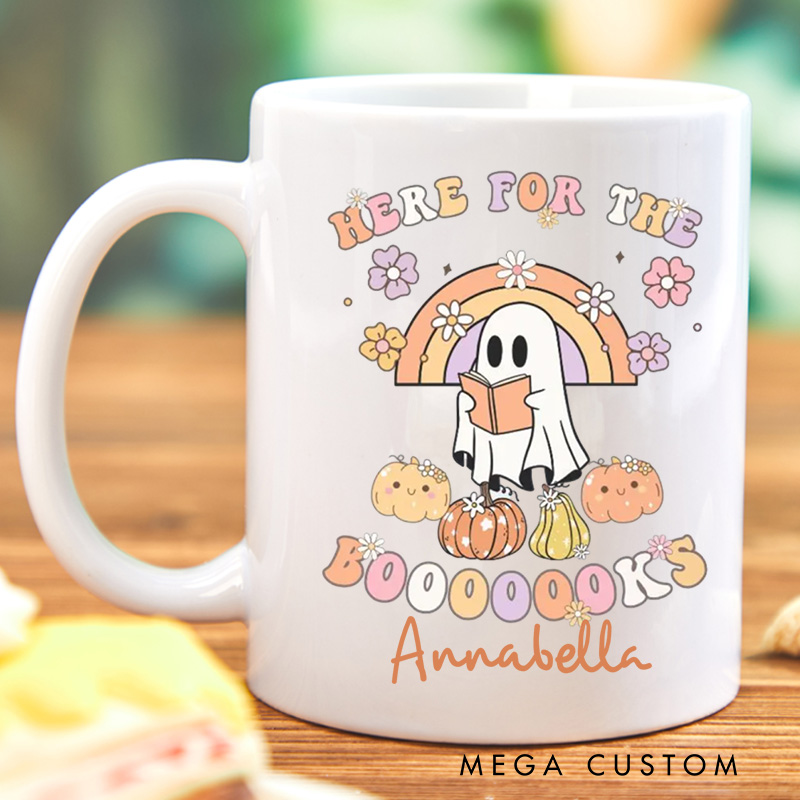 Personalized Here for the Booooooks Mugs Custom Ghost Reading Books Coffee Mug with Name Pumpkin Mug Book Lover Gift for Halloween Gift