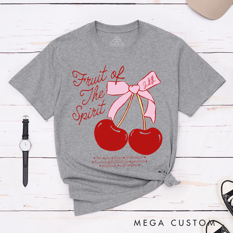 Personalized Fruit of the Spirit Cotton T-Shirt with Name Fun Doodle Cherry Bow Shirt Christian Bible Verse Unisex Classic T-Shirt Christian Gift