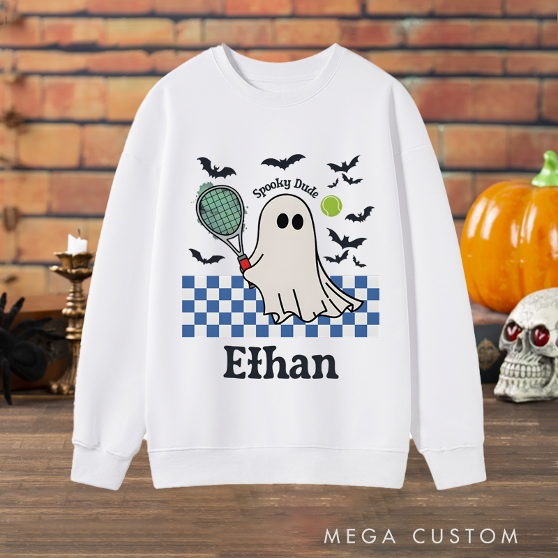 Personalized Halloween Sweatshirt with Ghost Tennis Design and Custom Name