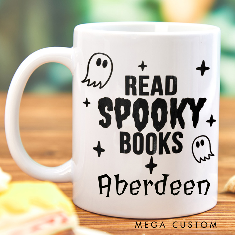 Personalized Read Spooky Books Mugs Custom Ghost Reading Books Coffee Mug with Name Halloween Spooky Mug Book Lover Gift for Halloween Gift
