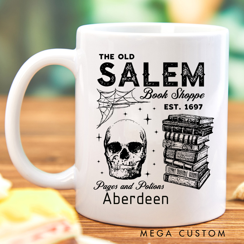 Personalized Salem Book Store Mugs Custom Skeleton and Book Coffee Mug with Name Halloween Spooky Mug Book Lover Gift for Halloween Gift