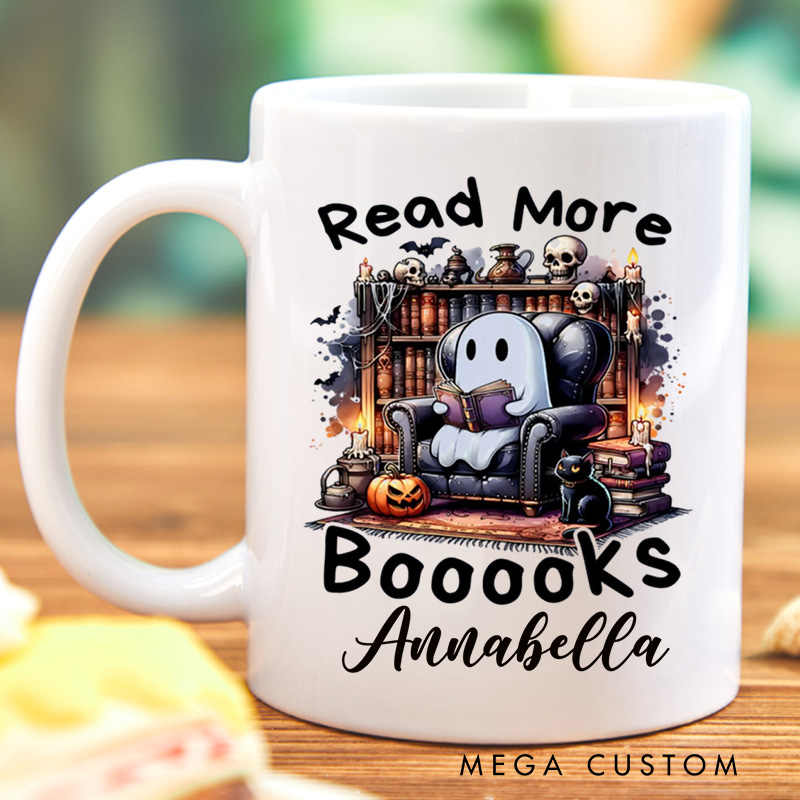 Personalized Read More Booooks Mugs Custom Reading Ghost Coffee Mug with Name Spooky Ghost Mug Book Lover Gift for Halloween Gift