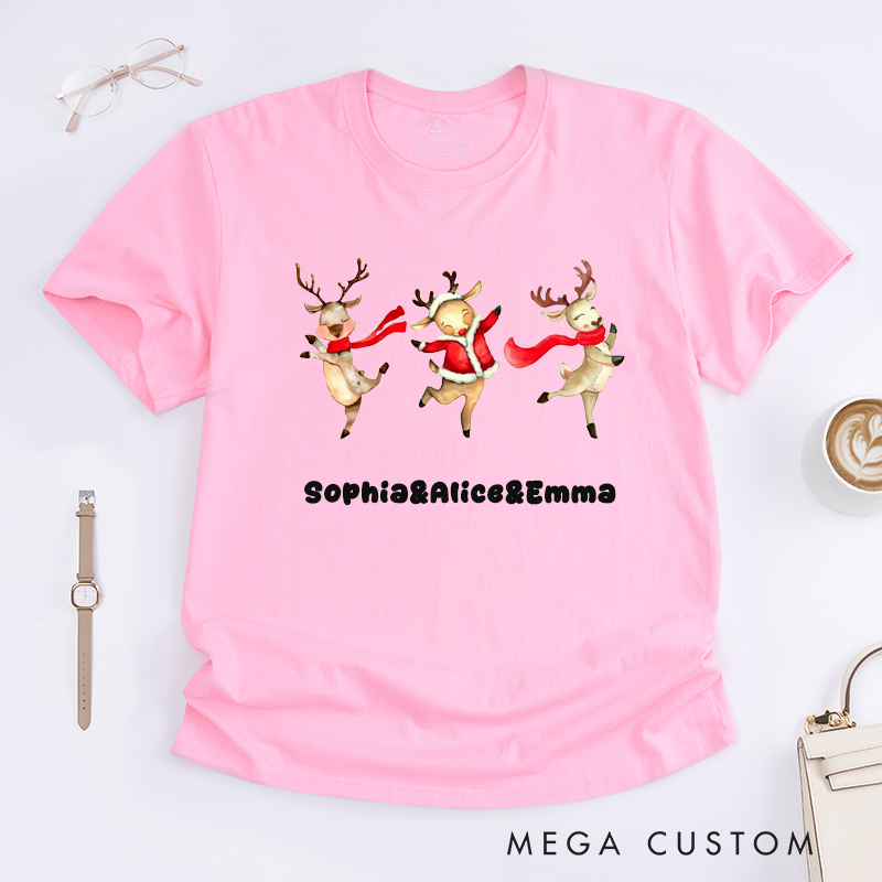 Personalized Christmas Reindeer T-Shirts Women Custom Name Cute Gift Unique Christmas Top for Girls Family Friends Outfit