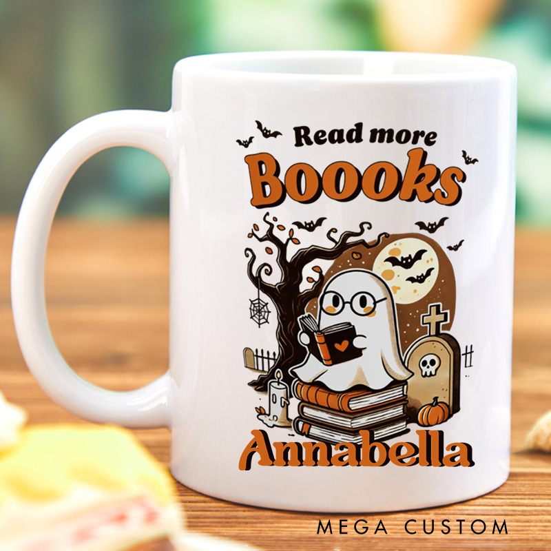 Personalized Read More Boooks Mugs Custom Ghost Reading Coffee Mug with Name Spooky Ghost Mug Book Lover Gift for Librarian Gift