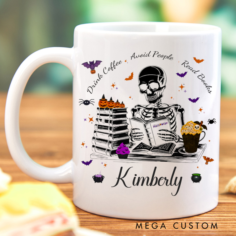 Personalized Drink Coffee Avoid People Read Books Mugs Custom Reading Skeleton Coffee Mug with Name Book Lover Gift for Halloween Gift