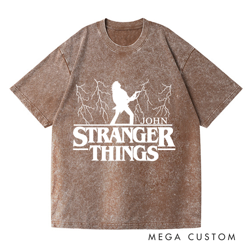 Personalized Washed T-Shirts Bold Guitarist and Lightning Unique and Dynamic T-Shirt