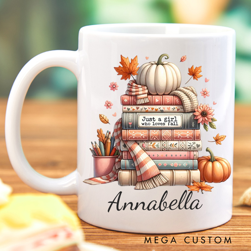 Personalized Just a Girl Who Loves Fall Mugs Custom Autumn Pumpkin Coffee Mug with Name Fall Book Lover Mug Book Lover Gift for Librarian Gift