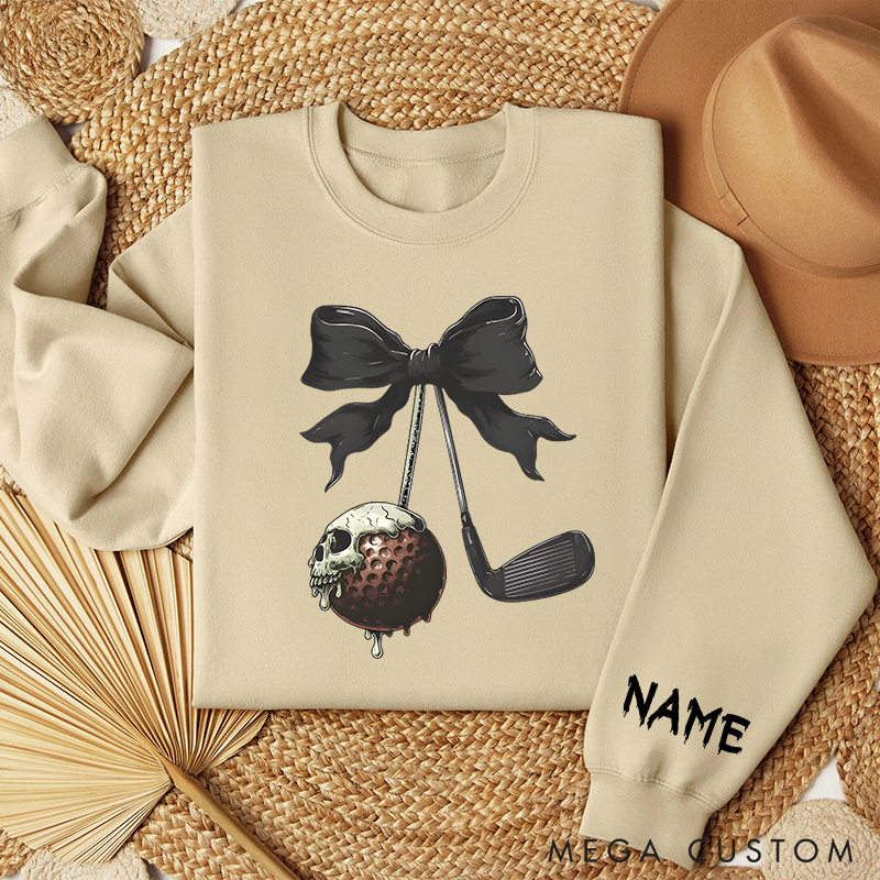 Personalized Halloween Golf Sweatshirt with Skull Ball and Bow Design  
