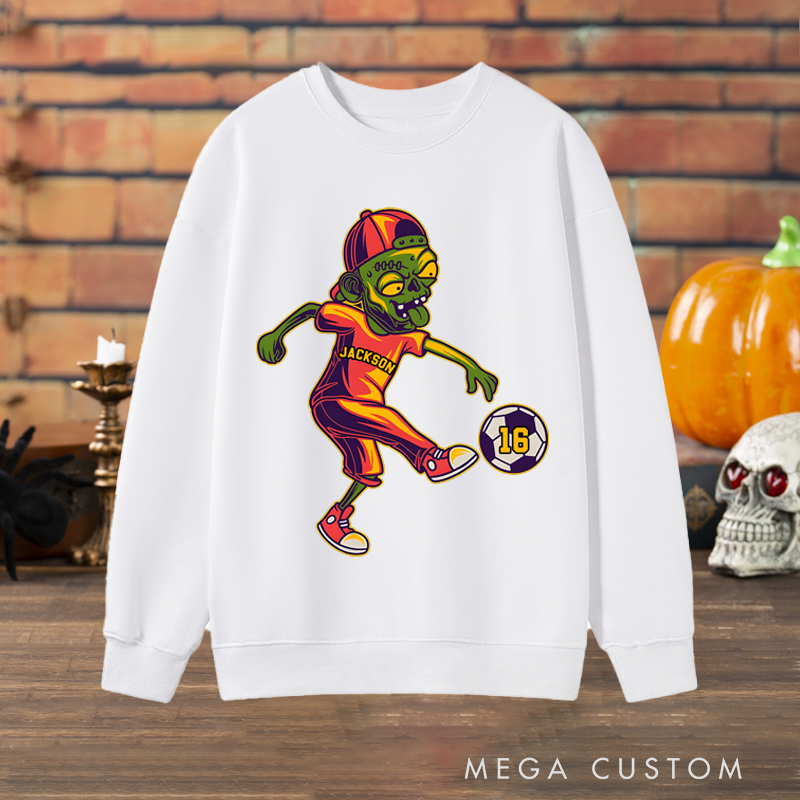 Personalized Halloween Sweatshirt with Zombie Soccer Player Design, Custom Name, and Number