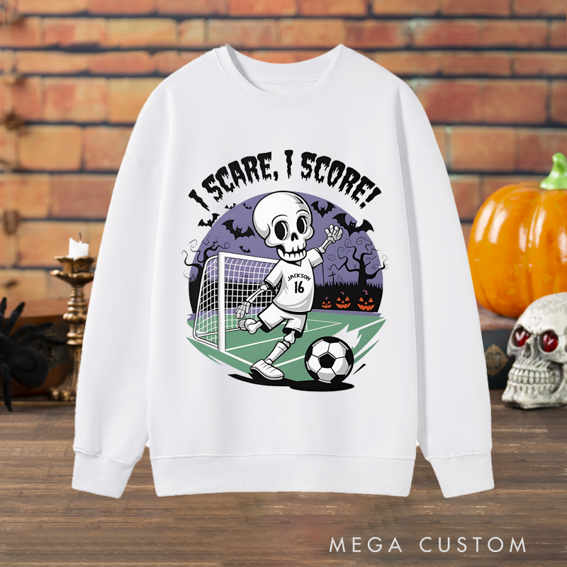 Personalized Halloween Soccer Sweatshirt with Skeleton Player Design, Custom Name, and Number