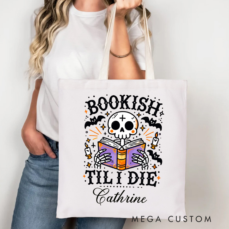 Personalized Bookish Till I Die Tote Bag Custom Reading Ghost Bag with Name Halloween Bat Totes Book Lover Halloween Gift Librarian Gift