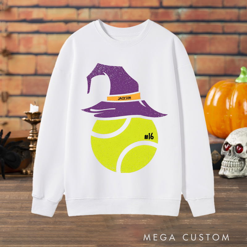 Personalized Halloween Tennis Sweatshirt with Witch Hat Design, Custom Name, and Number