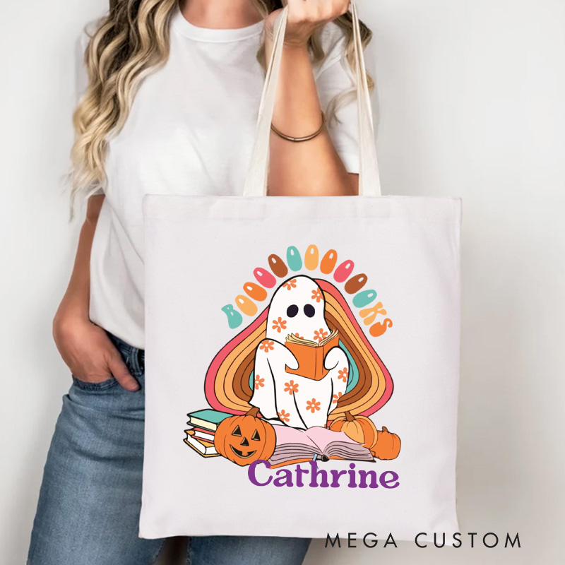 Personalized Booooks Tote Bag Custom Reading Ghost Bag with Name Reading Shopping Bag Book Lover Halloween Gift Librarian Gift