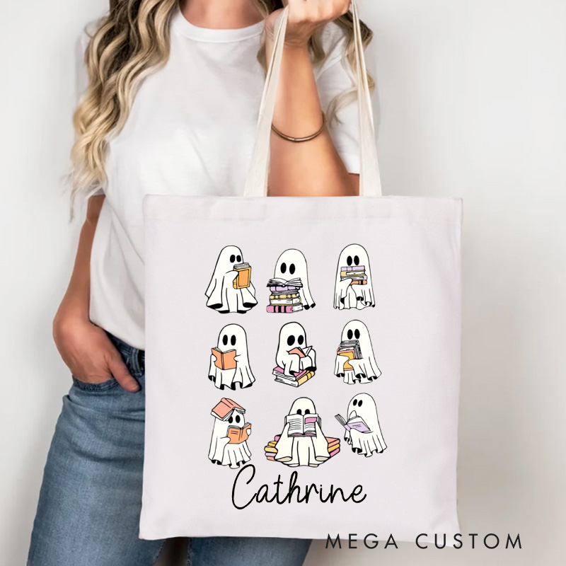 Personalized Ghost Reading Tote Bag Custom Halloween Ghost Bag with Name Halloween Bookish Bag Book Lover Halloween Gift Librarian Gift