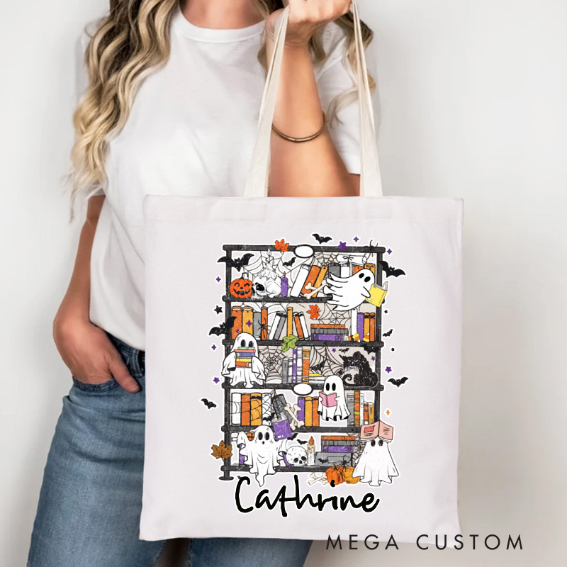 Personalized Cute Ghost Reading Tote Bag Custom Book Lover Bag with Name Halloween Librarian Bag Book Lover Gift Halloween Gift Bookish Gift