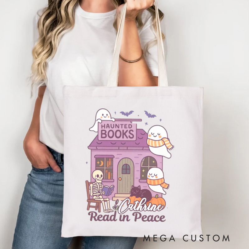 Personalized Read in Peace Tote Bag Custom Halloween Bookstore Bag with Name Trick or Treat Tote Bag Book Lover Gift Bookish Halloween Gift