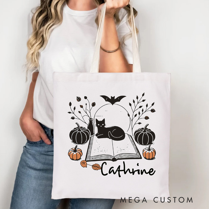 Personalized Halloween Book and Cat Tote Bag Custom Black Cats Bag with Name Bookish Bat Pumpkin Bag Book Lover Gift Librarian Gift Halloween Gift