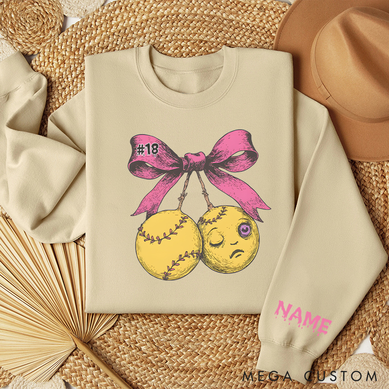 Personalized Halloween Softball Sweatshirt  with Custom Name and Pink Bow Design