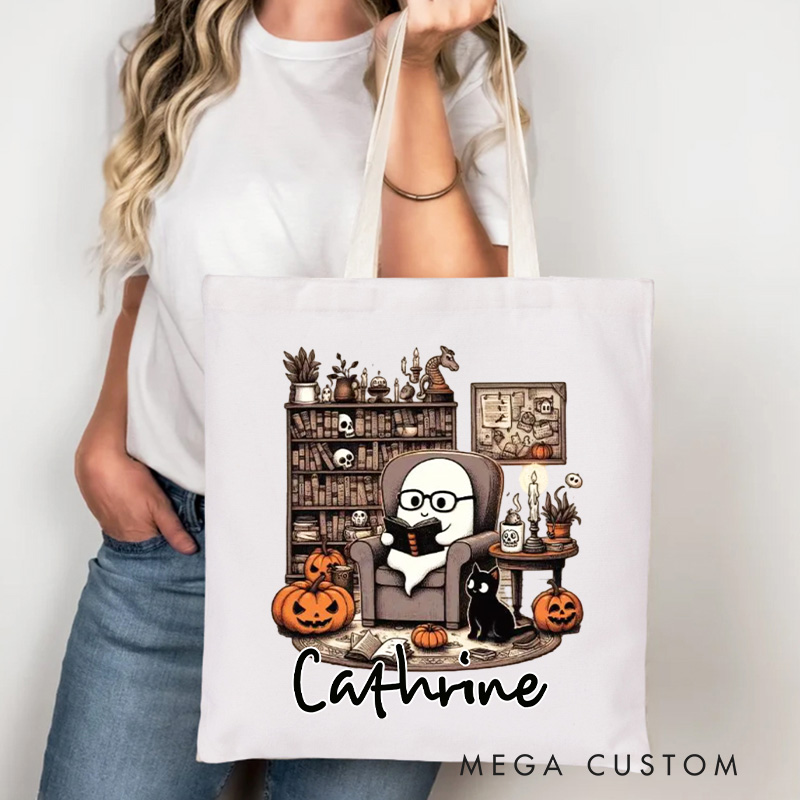 Personalized Retro Ghost Reading Books Tote Bag Custom Canvas Librarian Bag with Name Bookish Pumpkin Bag Book Lover Gift Reader Gift Halloween Gift