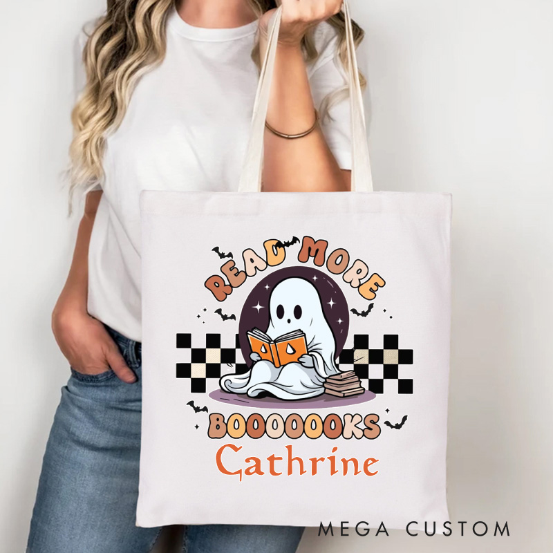 Personalized Read More Books Tote Bag Custom Ghost Book Lover Bag with Name Spooky Librarian Bag Book Lover Gift Reader Gift Halloween Gift