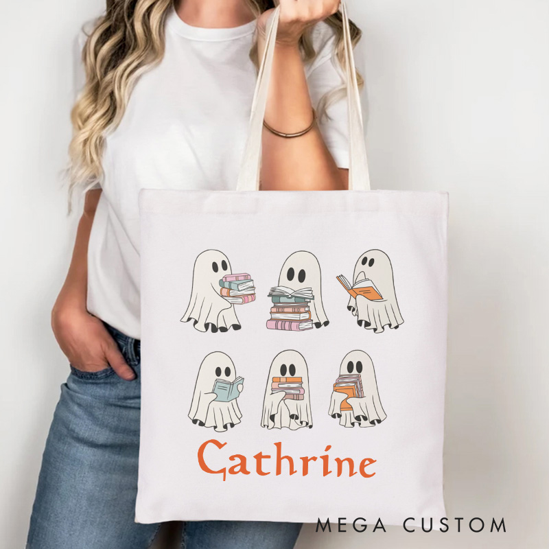 Personalized Ghost Reading Tote Bag Custom Book Lovers Halloween Bag with Name Librarian Bag Book Lover Gift Reading Lover Gift Halloween Gift