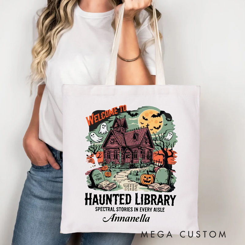 Personalized Cute Ghost Heart Tote Bag Custom Ghost and Bat Bag with Name Retro Canvas Bag Book Lover Gift Reader Gift Halloween Gift