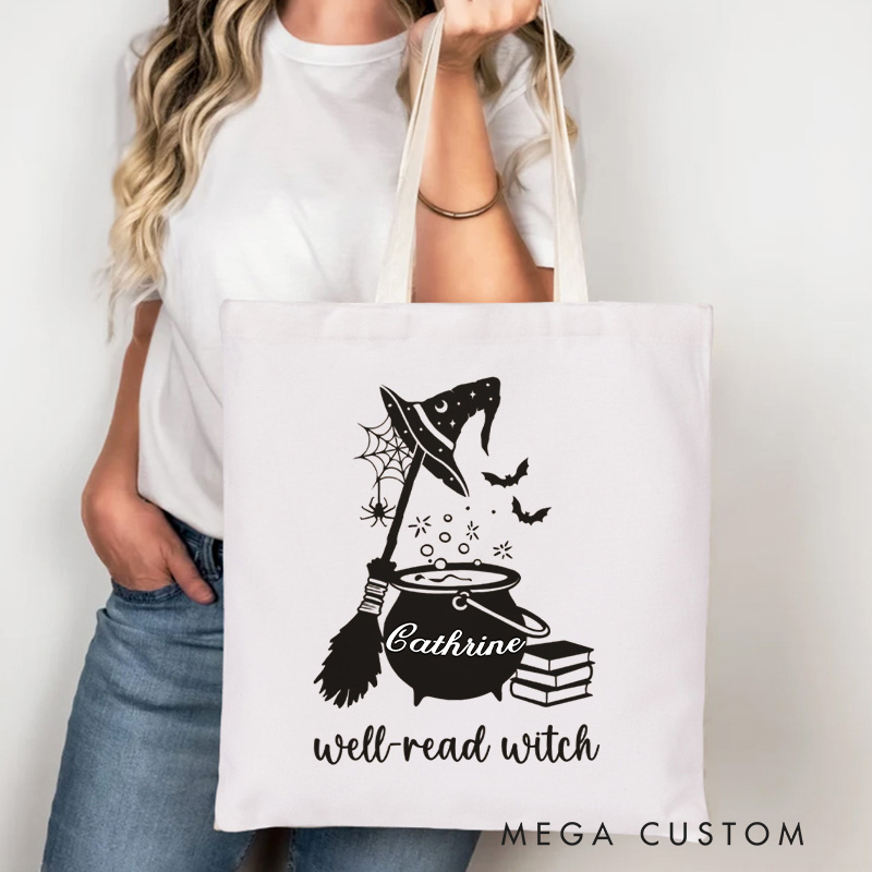 Personalized Well Read Witch Tote Bag Custom Witch Book Bag with Name Scary Book Club Bag Book Lover Gift Reader Gift Halloween Gift