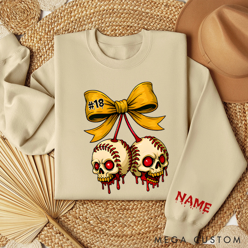 Personalized Halloween Themed Sweatshirt with Skull Baseballs and Custom Number
