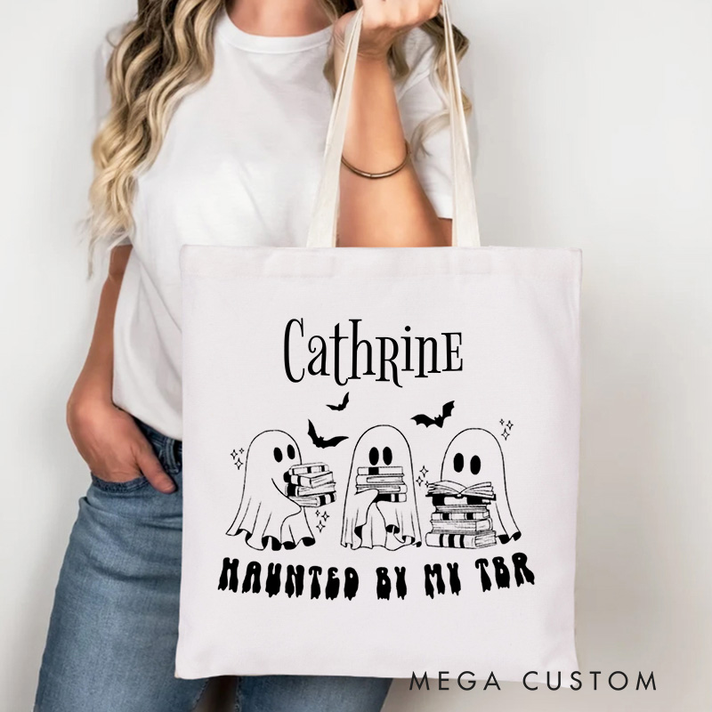 Personalized Haunted by My TBR Tote Bag Custom Spooky Bookish Ghost Bag with Name Fall Reading Bag Book Lover Gift Reader Gift Halloween Gift