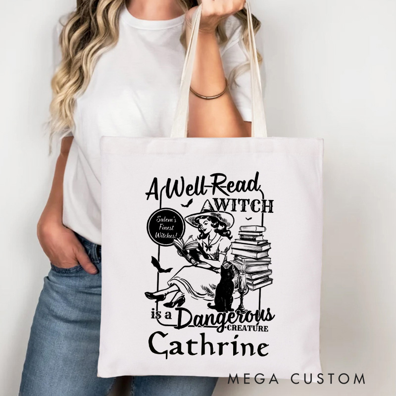 Personalized a Well Read Witch is a Dangerous Creature Tote Bag Custom Retro Book Club Bag with Name Black Cat Tote Bag Book Lover Gift Halloween Gift