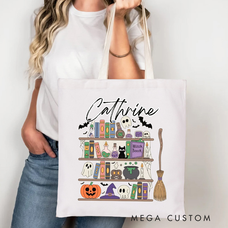 Personalized Ghost Tote Bag Custom Trick or Treat Canvas Bag with Name Black Cat Tote Bag Pumpkin Bag Book Lover Gift Halloween Gift Reader Gift
