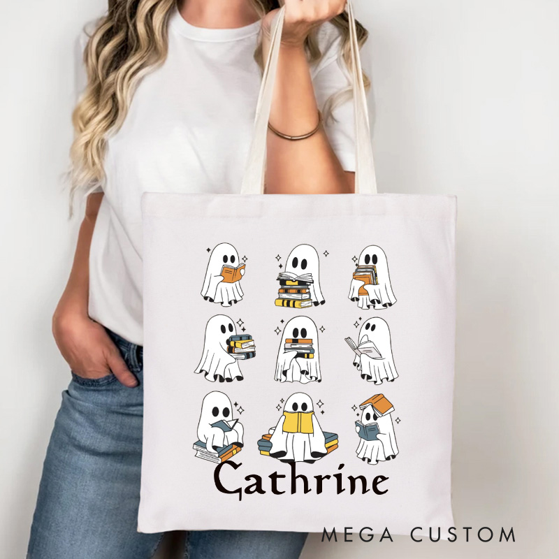 Personalized Ghost Reading Tote Bag Custom Trick or Treat Canvas Bag with Name Halloween Bookish Bag Book Lover Gift Halloween Gift Reader Gift