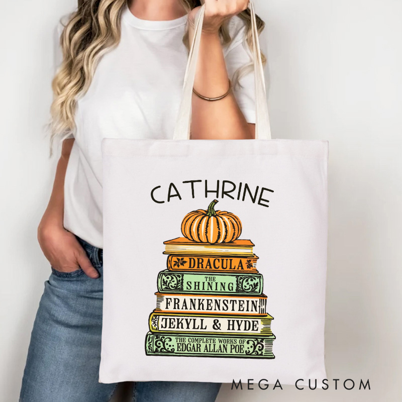 Personalized Book and Pumpkin Tote Bag Custom Horror Book Reader Bag with Name Scary Book Bag Book Lover Gift Halloween Gift Reader Gift