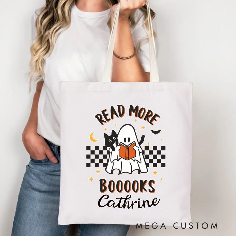 Personalized Read More Books Tote Bag Custom Reading Ghost Bag with Name Ghost and Black Cat Bag Book Lover Gift Halloween Gift Reading Gift