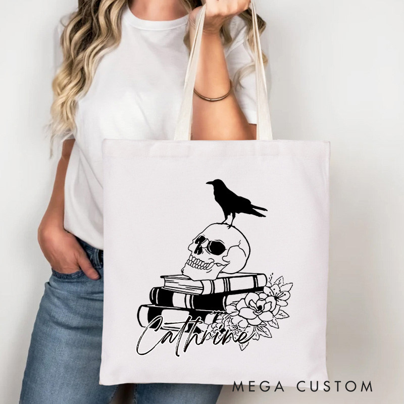 Personalized Floral Skull Book Tote Bag Custom Book Flowers Bag with Name Halloween Book Bag Book Lover Gift Halloween Gift