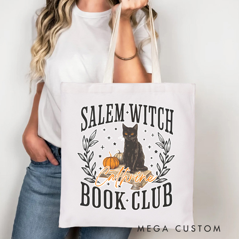 Personalized Witch Book Club Tote Bag Custom Canvas Witchy Book Bag with Name Black Cat Bag Pumpkin Bag Book Lover Gift Halloween Gift