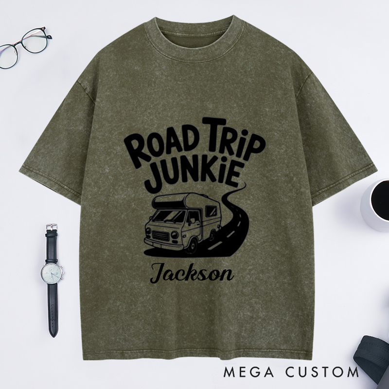 Personalized Road Trip Junkie Washed T-Shirt for Traveling Lovers Traveler Gifts Road Trip Tee