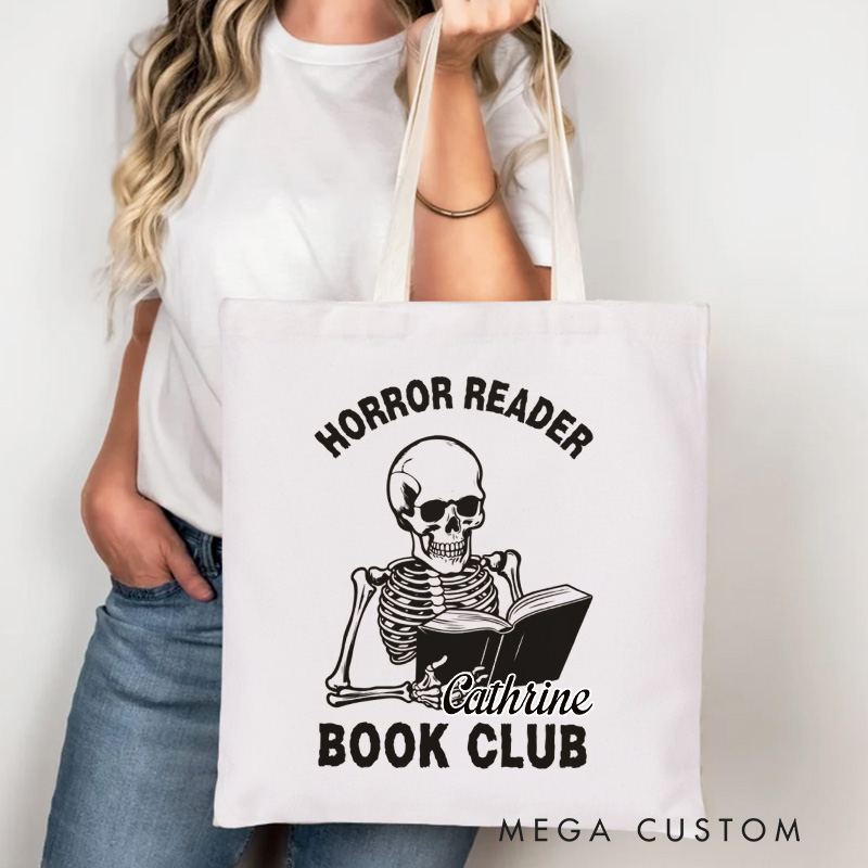 Personalized Horror Reader Book Club Tote Bag Custom Skull Bag with Name Bookish Halloween Bag Book Lover Gift Halloween Gift
