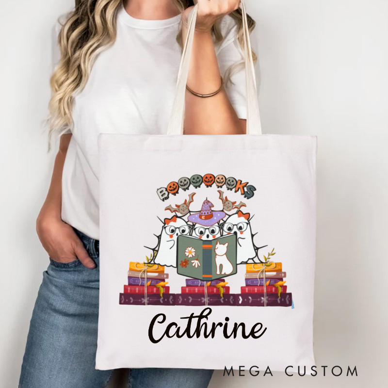 Personalized Halloween Books Tote Bag Custom Cute Ghost and Bat Reading Bag with Name Witch Ghost Bag Book Lover Gift Halloween Gift