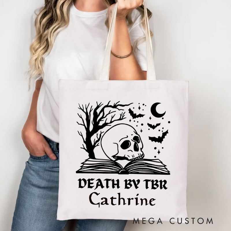 Personalized Death by TBR Tote Bag Custom Horror Reader Bag with Name Skull and Bat Book Bag Book Lover Gift Halloween Gift Bookish Gift