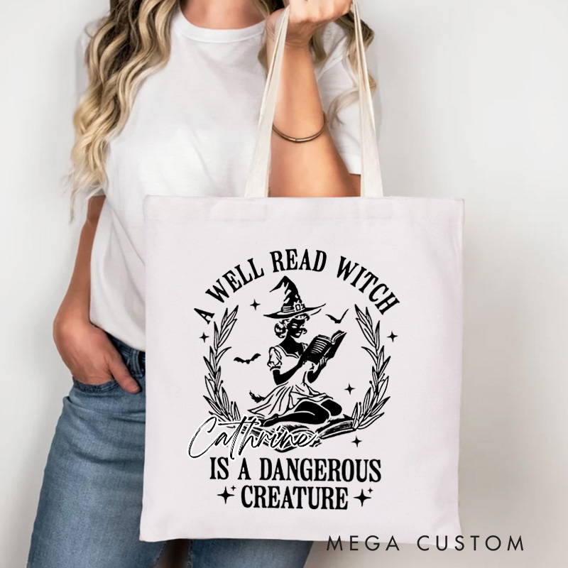 Personalized a Well Read Witch is a Dangerous Creature Tote Bag Custom Witchy Reader Bag with Name Book Lover Gift Halloween Gift Bookish Gift