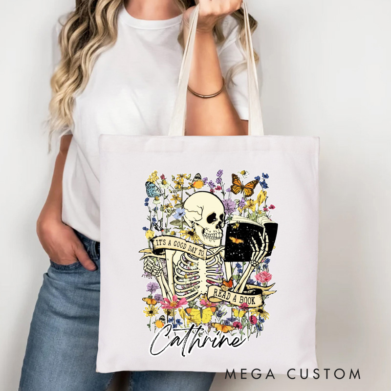 Personalized It's a Good Day to Read a Book Tote Bag Custom Halloween Reading Skeleton Bag with Name Book Lover Gift Halloween Gift Bookish Gift