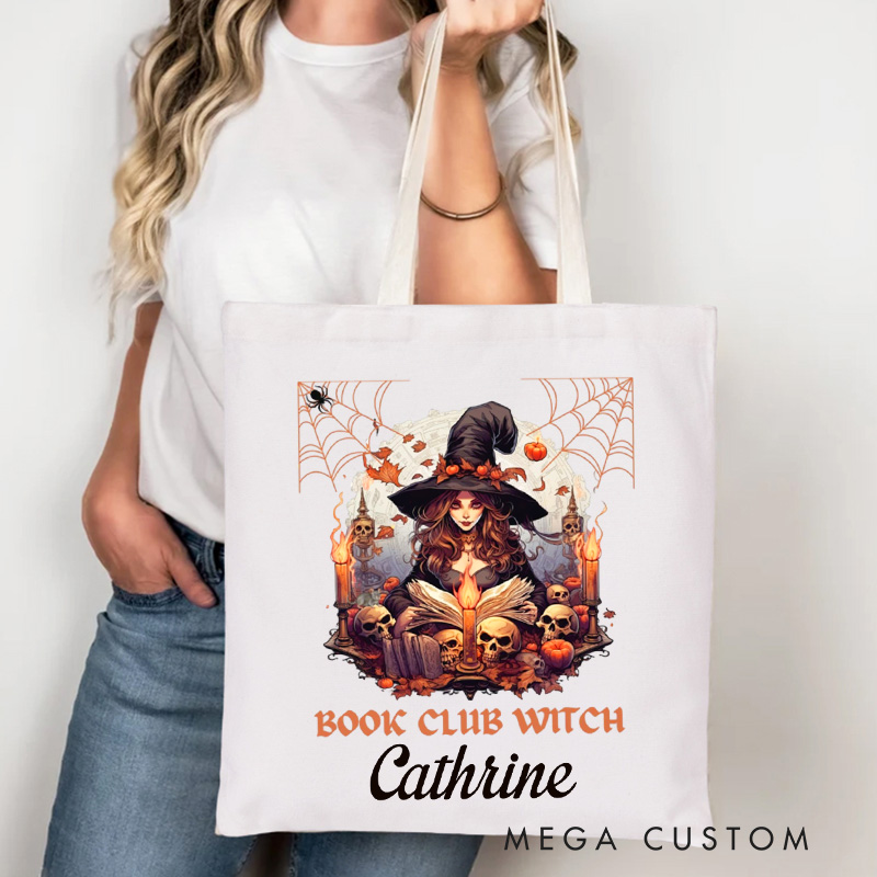 Personalized Book Club Witch Tote Bag Custom Halloween Halloween Trick or Treat Canvas Bag with Name Book Lover Gift Halloween Gift Bookish Gift