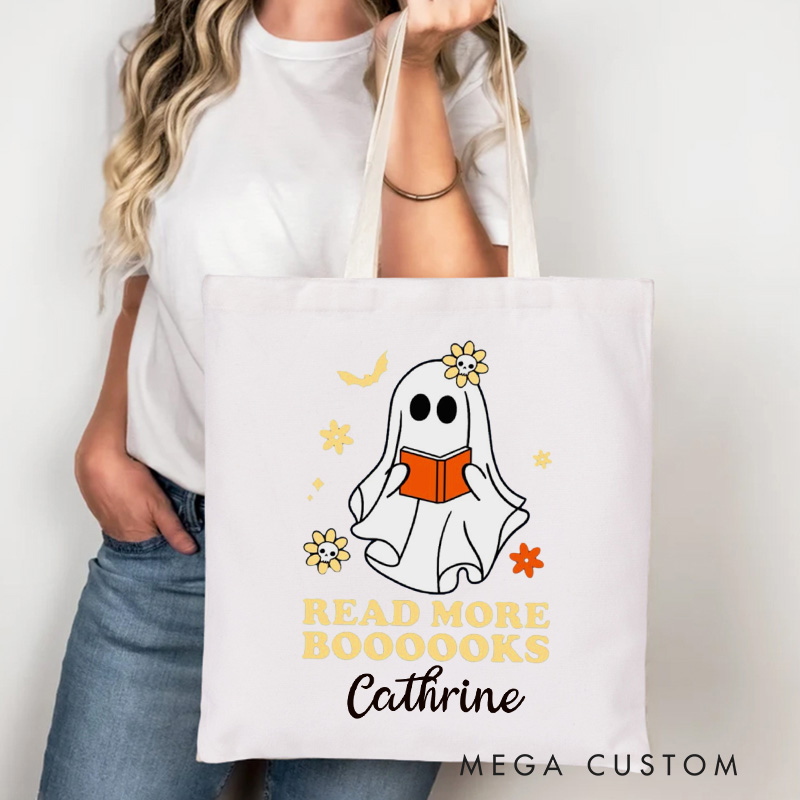 Personalized Read More Books Tote Bag Custom Halloween Reading Ghost Bag with Name Book Lover Gift Halloween Gift Bookish Gift